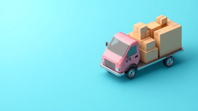 A playful pink delivery truck loaded with boxes, perfect for logistics, shipping, and transportation related themes.