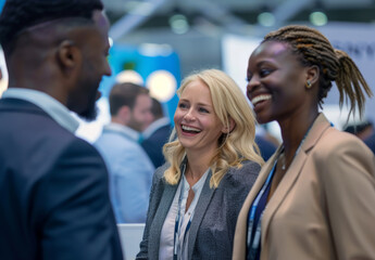 Fototapeta premium Smiles and happiness at work, exemplified by An African woman and other businesspeople, boost efficiency and foster good relationships with colleagues.