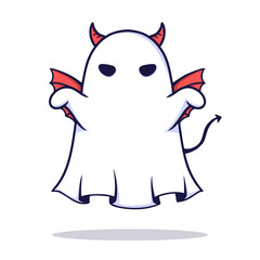 Kawaii boo with wings and horn devil. Happy Halloween. Cute ghost cartoon spooky character. Vector illustration
