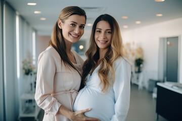 Fototapeta premium Two cheerful women, one pregnant, share a warm smile in a clinical setting, embodying a supportive and happy atmosphere during a prenatal visit.