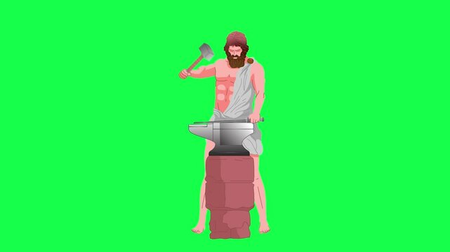 animation of a man wearing tunic forging a sword with hammer 2d Animation motion graphics showing a blacksmith forging steel with hammer striking at anvil blacksmith green screen animation
