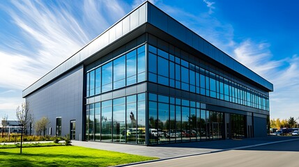 Obraz premium Modern Glass and Steel Office Building with Blue Sky and Clouds