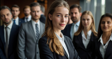 Next-generation professionals, led by a young businesswoman, gathered in a boardroom setting, showcasing their readiness to innovate and lead the family business into the future.