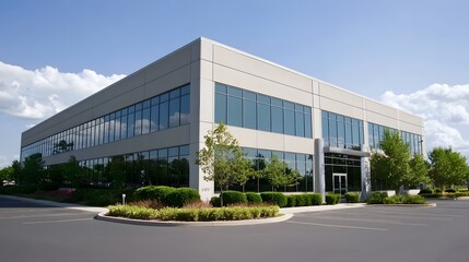 Obraz premium Modern Office Building with Large Windows and Parking Lot