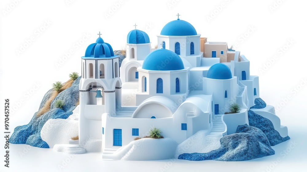 Wall mural santorini (greece) clipart, element, 3d illustration, realistic, isolated on white background