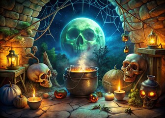 "Vividly illustrate a spooky scene of a witch doctor's lair, complete with cobweb-covered skulls, creepy crawlies, and a cauldron brewing a bubbling brew beneath the full moon's glow."