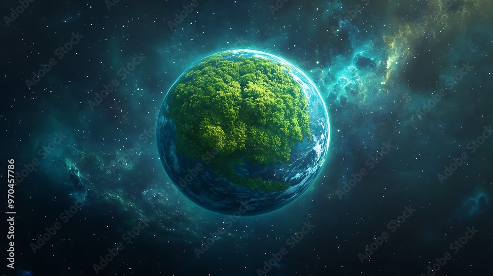 Poster a verdant planet floating in a cosmic sea of stars and nebulae