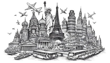 Naklejka premium Line drawing of famous world landmarks on a white background, depicted in a hand-drawn sketch style, representing travel concepts
