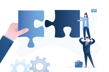 Business team connecting arrow jigsaw puzzle pieces together. Business teamwork and collaboration to implement innovative idea or startup. Teamwork and cooperation