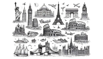 Line drawing of famous world landmarks on a white background, depicted in a hand-drawn sketch style, representing travel concepts