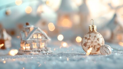 A serene winter scene featuring a decorative Christmas ornament and a cozy house, illuminated by soft, warm lights.