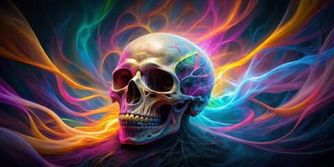 "Spectral skull with wispy, ethereal tendrils merging with swirling vortex of neon hues, surreal blend of mortality and cosmic energy."