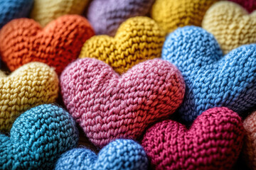 Multicolored knitted hearts symbolizing love and warmth