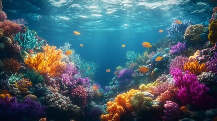 Naklejka premium Vibrant coral reef with colorful fish swimming in blue water.