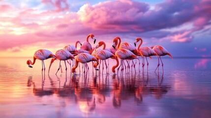 Obraz premium A group of flamingos feeding in a lagoon, with reflections in the water and a stunning pink and blue sky backdrop.