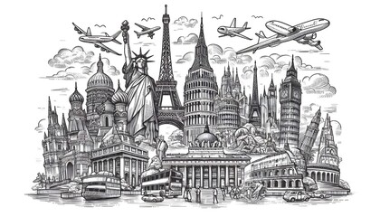 Fototapeta premium Line drawing of famous world landmarks on a white background, depicted in a hand-drawn sketch style, representing travel concepts