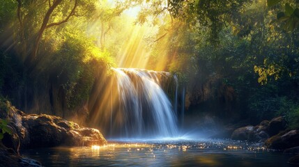 A hidden waterfall deep in a forest, with sun rays filtering through the trees and illuminating the water.