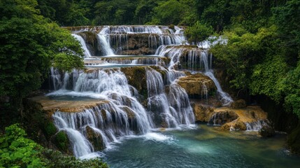 A high-angle view of a waterfall with multiple tiers, creating a series of cascading pools in a lush landscape.