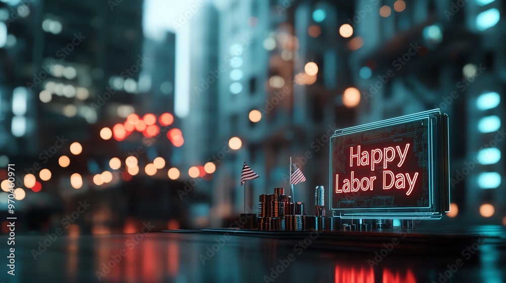 Wall mural a vibrant city scene celebrating labor day with neon signs and festive decorations, capturing the sp