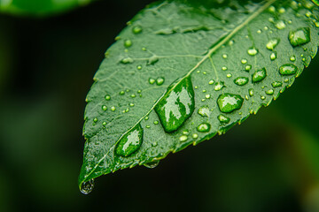 Macro shot of a raindrop hanging from a leaf tip
