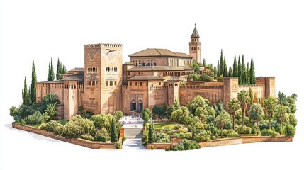 Fototapeta premium Alhambra (Spain) clipart, element, 3D illustration, realistic, isolated on white background