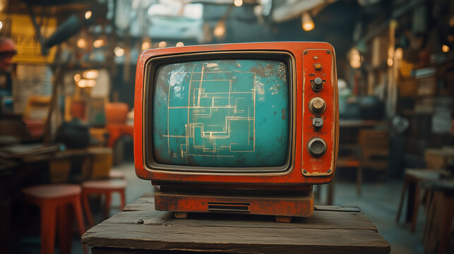 Vintage red television displaying circuit diagram in antique store. Concept of retro technology