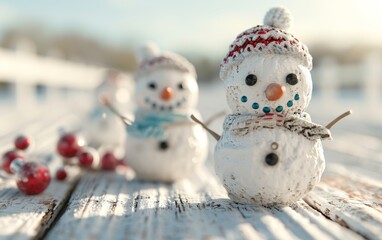 Charming snowman figures adorned with colorful hats and scarves, ideal for festive holiday themes and winter decorations.