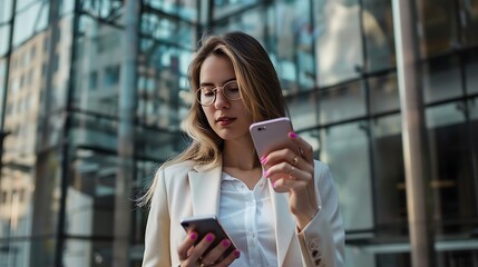 Fototapeta premium Businesswoman Reading an Email on Her Smartphone, Business Theme, Portrait Shot, Copy Space, Email, Smartphone