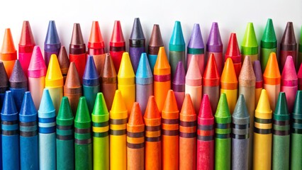 A whimsical gathering of crayon hues on a pristine white canvas combines to create a dynamic and lively visual fusion of color and creativity.