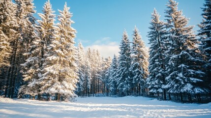 Fototapeta premium A landscape of a snowy forest with tall pine trees covered in snow, under a clear blue winter sky.
