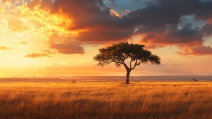 Obraz premium A landscape of a vast savannah with a lone acacia tree under a dramatic sunset sky, with warm orange hues.
