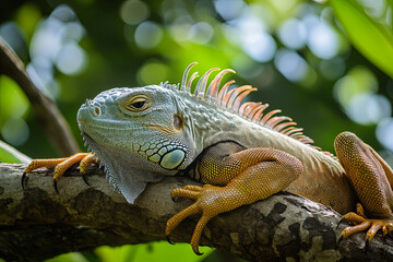 Fototapeta premium Green iguana basking on a tree branch in the sunlight