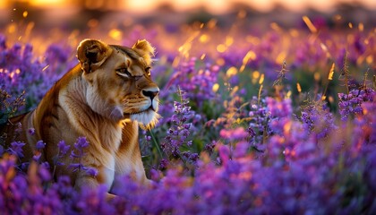 Lioness basking in a colorful field of purple flowers at golden hour, showcasing the harmony of...