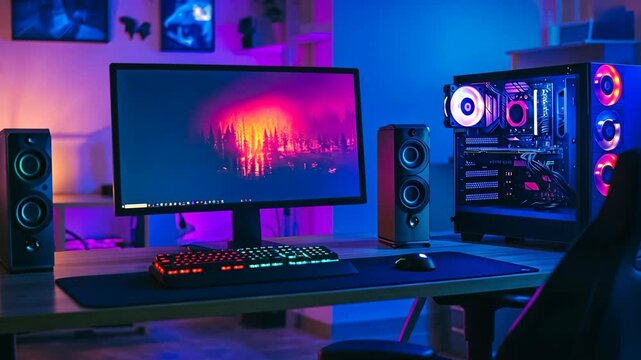 Incredible gaming setup showcasing a high-performance computer and vibrant LED lights in a stylish room during the evening