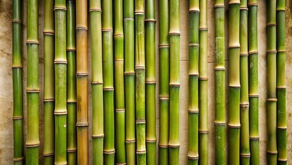 Bamboo stalks arranged in a natural pattern against a wall