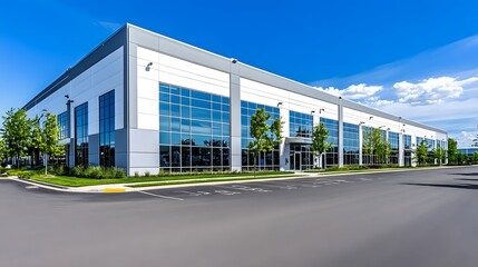 Obraz premium Modern Commercial Building with Large Windows and Parking Lot