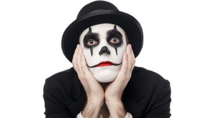 Portrait of a male mime artist posing isolated against transparent background, cut out png
