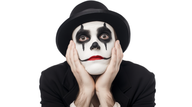 Portrait of a male mime artist posing isolated against transparent background, cut out png