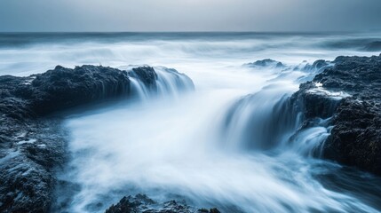 Obraz premium A long exposure shot of powerful waves breaking against rocks, creating a misty effect with the motion of the water.