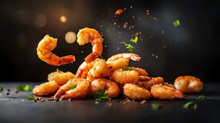 Delicious golden shrimp garnished with herbs, presented on a dark surface, perfect for food photography and culinary delight.