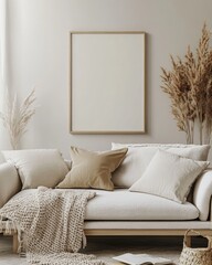 Scandinavian Bohemian Style Living Room Interior with Mockup Poster Frame