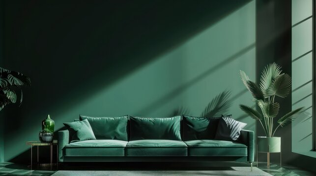 Modern luxury living room interior with dark green theme AI generated image