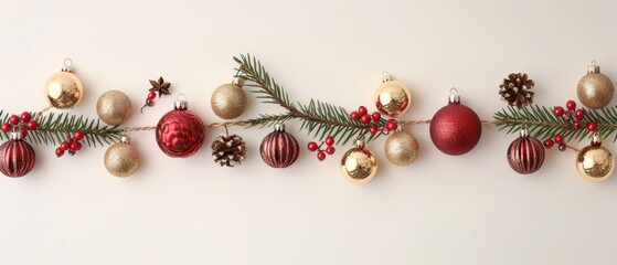 Decorative Christmas garland with red and gold ornaments, pine cones, and greenery on a light background, perfect for festive occasions.