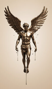 A simple design of Icarus falling from the sky with melted wings, representing ambition and failure from Greek mythology. The design is set against a plain background with copy space.