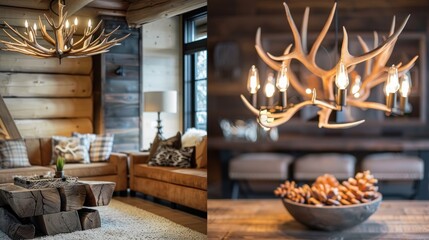 Fototapeta premium Country house interior design with an antler chandelier as the centerpiece of a cozy dining room