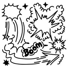 Bomb explosion in cartoon doodle style. Hand drawn comic boom bang drawing in naive outline style.