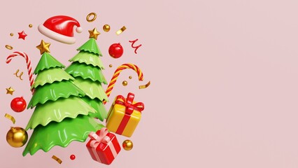 Happy holiday 3d render illustration banner with copy space. Merry christmas 3d illustration