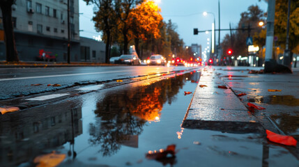 A street with cars and a reflection of the street in the water