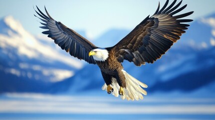 Obraz premium A majestic bald eagle soaring in the sky, wings fully extended, with a clear blue sky in the background.