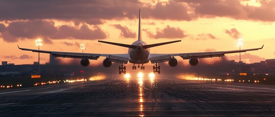 A majestic airplane landing at dusk, illuminated by runway lights against a vibrant sunset sky, symbolizing travel and adventure.